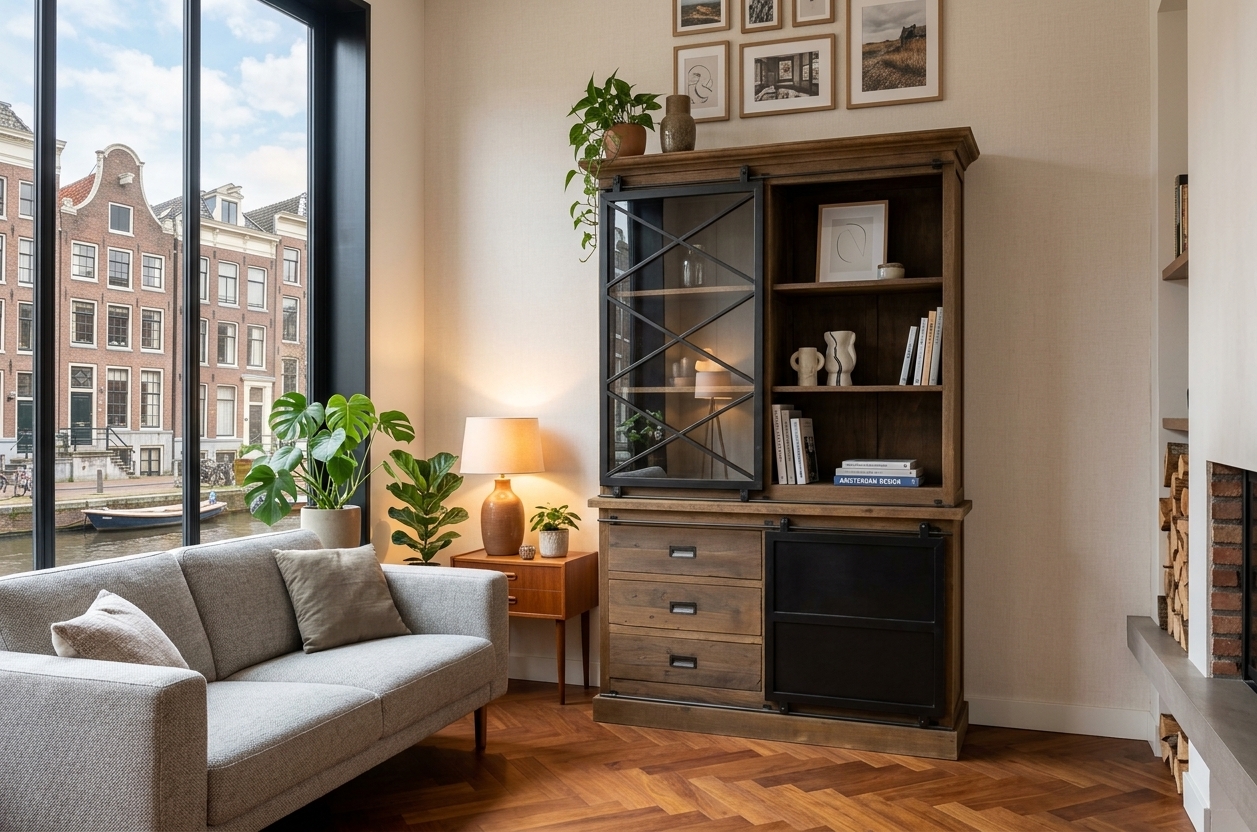 Industriële Teak vitrinekast 150 cm - Afbeelding 2