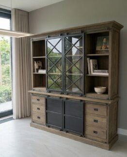 Industriële Teak vitrinekast 200 cm