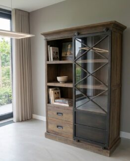 Industriële Teak vitrinekast 120 cm