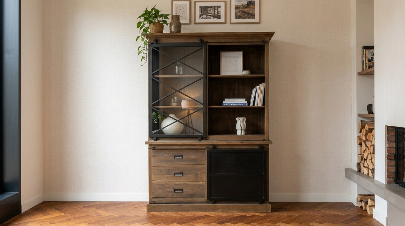 Industriële Teak vitrinekast 150 cm